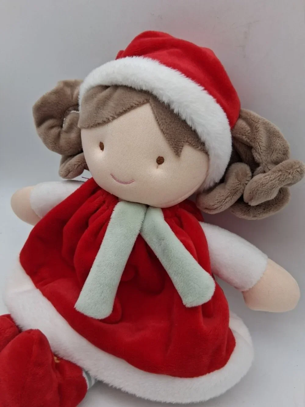 JoLiJou Paris Elf Pretty Red Doll 12” Curly Brunette Plush Red Santa Outfit